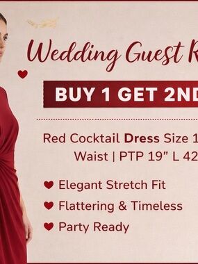 Connected Red Dress Size L Ruched Waist Elegant Cocktail Wedding Guest
